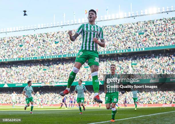 Arnaldo Antonio Sanabria of Real Betis celebrates scoring his team's opening goal during the La Liga match between Real Betis Balompie and SD Eibar...