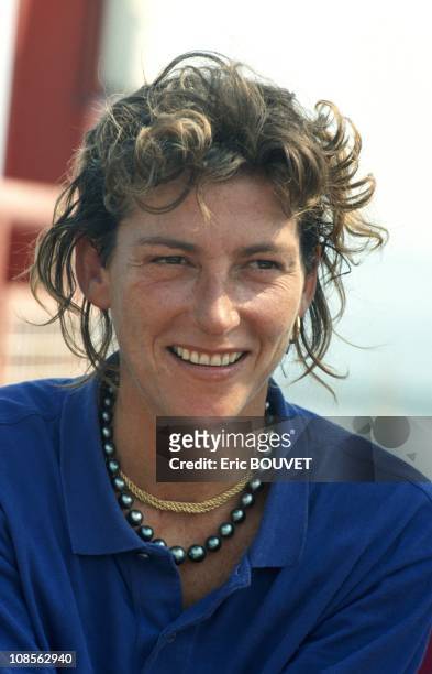 Transatlantic record of Florence Arthaud in Brest, France on March 08th, 1990.