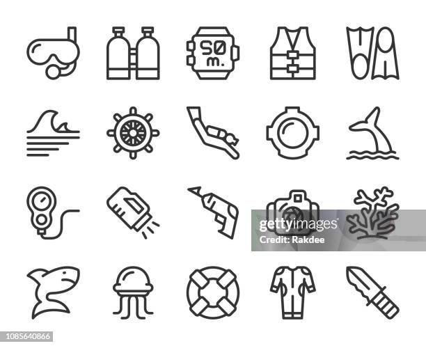 stockillustraties, clipart, cartoons en iconen met duiken en snorkelen - lijn pictogrammen - koraal