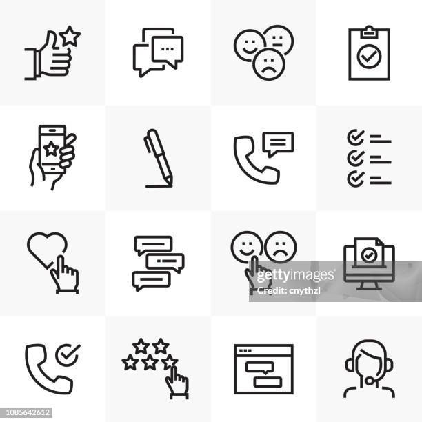 survey and testimonials related line icons set - happy customer stock illustrations