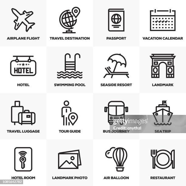 tourism and travel line icons set - tourist resort stock illustrations