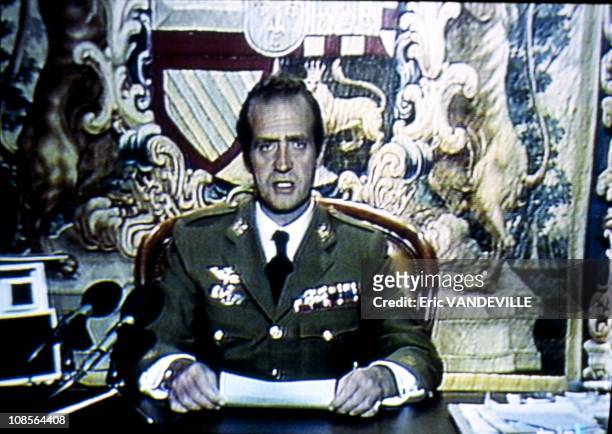 King Juan Carlos of Spain on TV sending out a message to condemn the coup attempt against him in Madrid, Spain on February 23th, 1981.