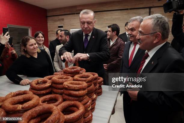 President of Turkey Recep Tayyip Erdogan visits a Turkish bagel shop prior to his departure from Ordu, Turkey on January 20, 2019.