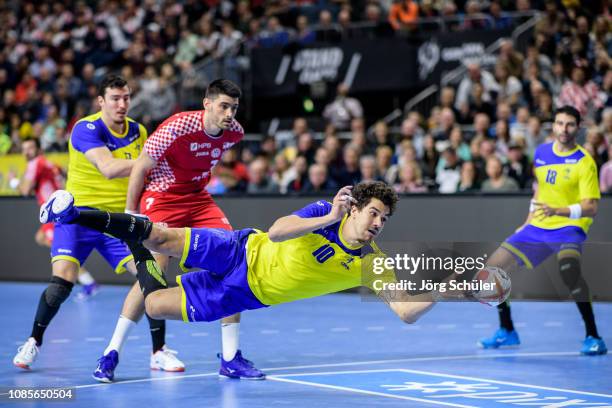 Jose Toledo of Brazil with a goal attemp during the Main Group 1 match at the 26th IHF Men's World Championship between Brazil and Croatia at the...