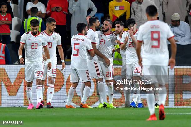Ashkan Dejagah of Iran celebrates after scoring his sides second goal during the AFC Asian Cup round of 16 match between Iran and Oman at Mohammed...