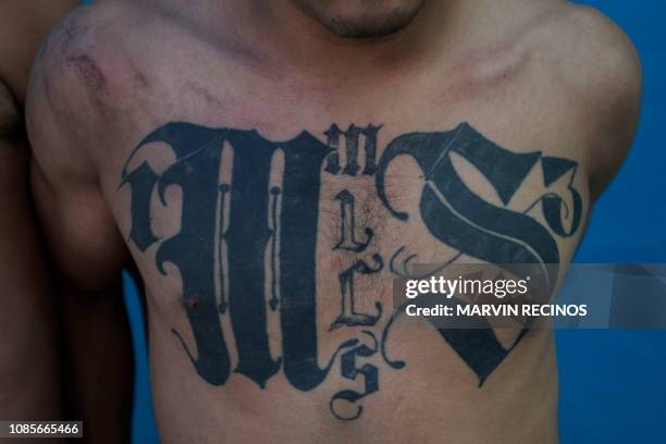 Member of the Mara Salvatrucha gang is pictured after being detained by Salvadoran army soldiers and policemen during an operation in San Salvador,...