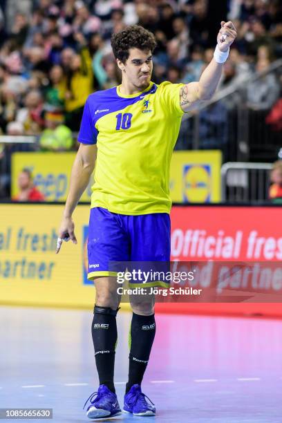 Jose Toledo of Brazil reacts during the Main Group 1 match at the 26th IHF Men's World Championship between Brazil and Croatia at the Lanxess Arena...