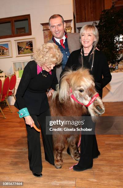 The pony treads on the foot of singer Bibi Johns, Dieter Ehrengruber and Heidelinde Weis with pony during the pre-birthday party of Bibi Johns "My...