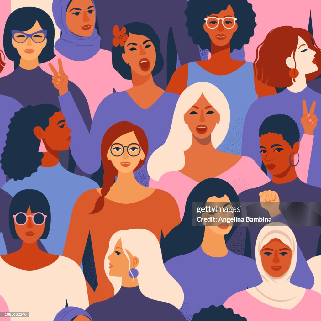 Female diverse faces of different ethnicity seamless pattern. Women empowerment movement pattern. International womens day graphic in vector.