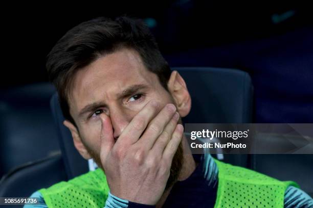 Leo Messi in the bench prior the spanish league match between FC Barcelona and Leganes at Camp Nou Stadium in Barcelona, Catalonia, Spain on January...