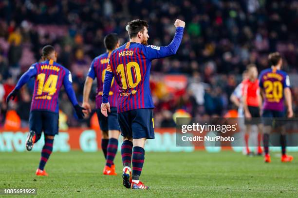 Lionel Messi of FC Barcelona celebrates scoring the goal during the match FC Barcelona against CD Leganes, for the round 20 of the Liga Santander,...