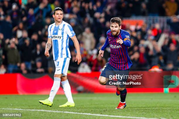 Lionel Messi of FC Barcelona celebrates scoring the goal during the match FC Barcelona against CD Leganes, for the round 20 of the Liga Santander,...