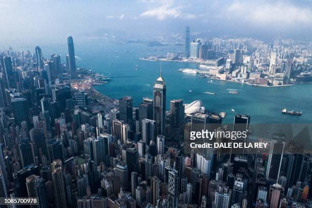 This aerial photo taken on December 19, 2018 shows a general view of the skyline of Hong Kong.