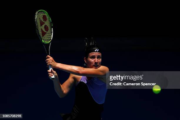 Anastasija Sevastova of Latvia plays a backhand in her fourth round match against Naomi Osaka of Japan during day eight of the 2019 Australian Open...