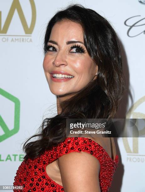 Emmanuelle Vaugier arrives at the 30th Annual Producers Guild Awardsat The Beverly Hilton Hotel on January 19, 2019 in Beverly Hills, California.