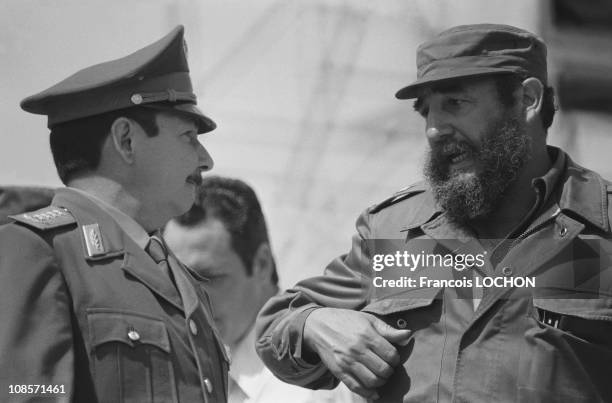 Cuban politician and Prime Minister Fidel Castro and his brother, politician Raul Castro attend the traditional May Day parade on Revolution Square...