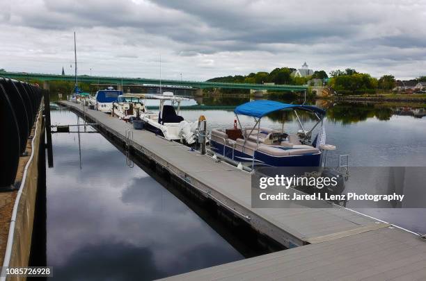 marina on the penobscot river - pontoon boat stock pictures, royalty-free photos & images