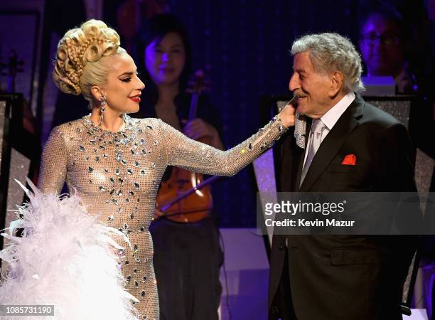 Lady Gaga performs with Tony Bennett during her 'JAZZ & PIANO' residency at Park Theater at Park MGM on January 20, 2019 in Las Vegas, Nevada.
