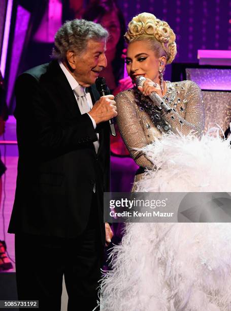 Lady Gaga performs with Tony Bennett during her 'JAZZ & PIANO' residency at Park Theater at Park MGM on January 20, 2019 in Las Vegas, Nevada.