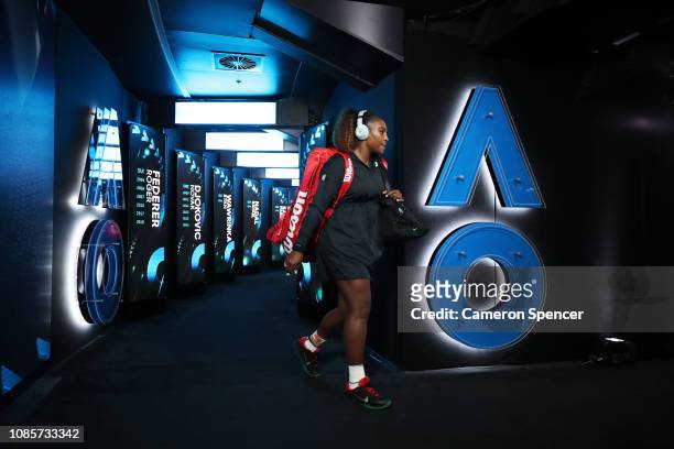 Serena Williams of the United States walks on court for her fourth round match against Simona Halep of Romania during day eight of the 2019...