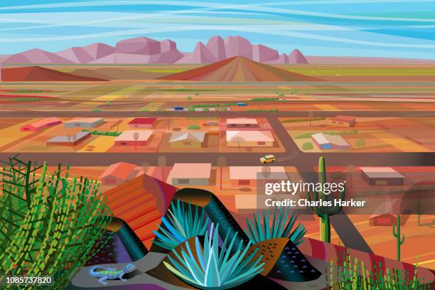 desert landscape illustration with houses - watercolor cactus ストックフォトと画像