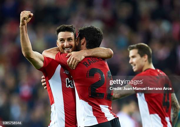 Aritz Aduriz of Athletic Club celebrates with his teammate Raul Garcia of Athletic Club after scoring the opening goal during during the La Liga...