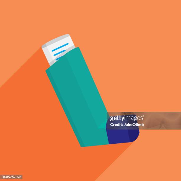 ilustraciones, imágenes clip art, dibujos animados e iconos de stock de asma inhalador icono plana - medicamento para la alergia