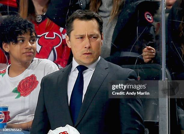 Head coach Guy Boucher of the Ottawa Senators looks on against the New Jersey Devils during the game at Prudential Center on December 21, 2018 in...