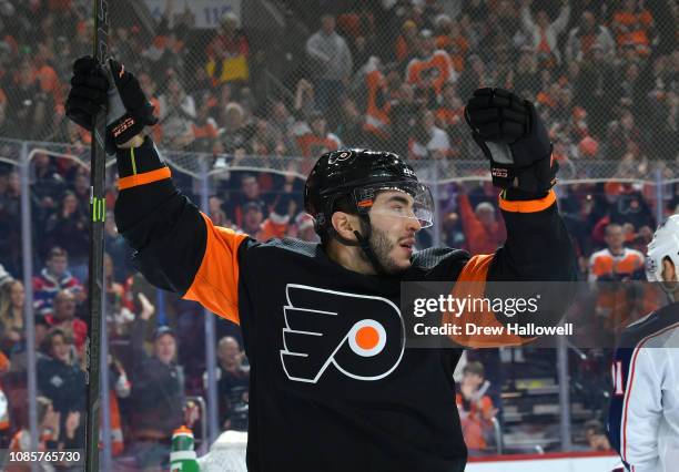 Phil Varone of the Philadelphia Flyers celebrates his first goal as a Flyer against the Columbus Blue Jackets at Wells Fargo Center on December 22,...
