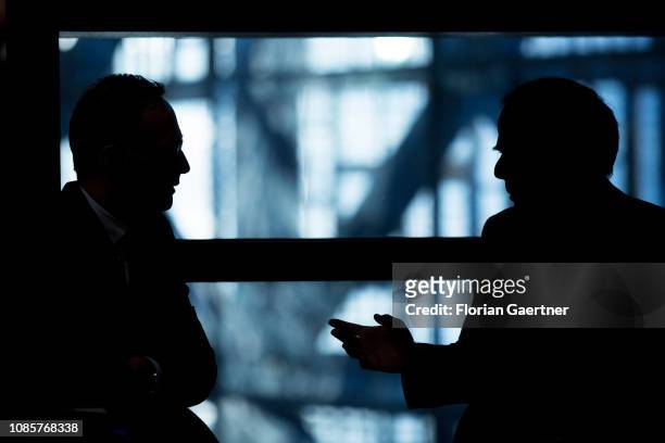 German Foreign Minister Heiko Maas talks with Enzo Moavero , Foreign Minister of Italy, during the EU Foreign Affairs Council on January 21, 2019 in...