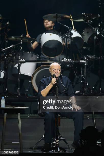 Phil Collins sings and his son Nicholas Collins plays the drums at Qudos Bank Arena on January 21, 2019 in Sydney, Australia.