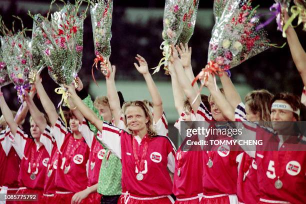 Norwegian Linda Medalen salutes the 67,000-strong audience after the medal presentation ceremony of the first FIFA World Championship for Women's...