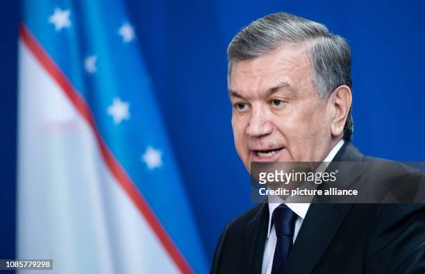 January 2019, Berlin: Shavkat Mirsiyoyev, President of Uzbekistan, spoke at a press conference with Chancellor Merkel at the Federal Chancellery....