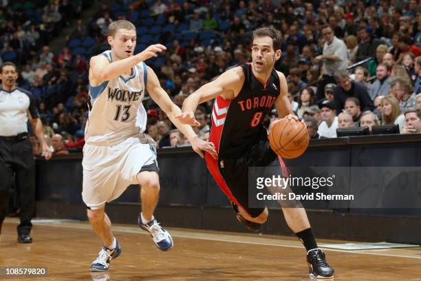 Jose Calderon of the Toronto Raptors drives against Luke Ridnour of the Minnesota Timberwolves on January 29, 2011 at Target Center in Minneapolis,...