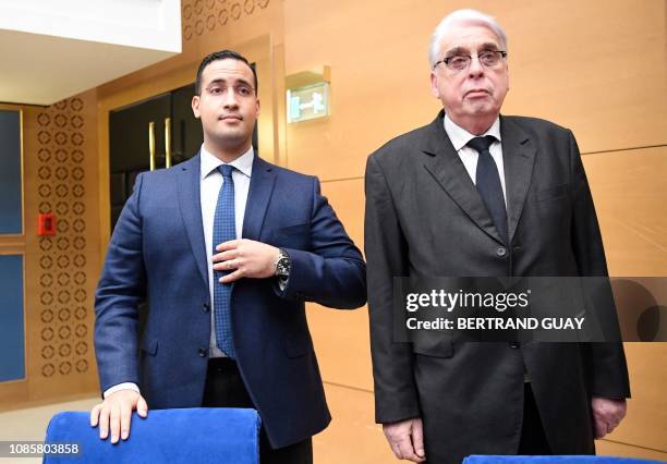 Former Elysee senior security officer Alexandre Benalla , flanked by Senator and commisision speaker Jean-Pierre Sueur, arrives to appear before a...