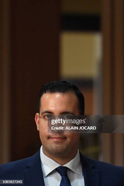 Former Elysee senior security officer Alexandre Benalla is seen after appearing before a Senate committee in Paris on January 21, 2019 as he is...