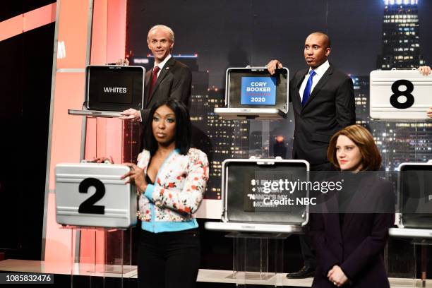 Rachel Brosnahan" Episode 1756 -- Pictured: Mikey Day as Steve King, Ego Nwodim as Cardi B, Chris Redd as Cory Booker, and Kate McKinnon as Nancy...