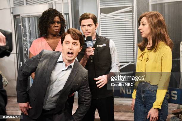 Rachel Brosnahan" Episode 1756 -- Pictured: Leslie Jones as Dr. Donna Diddadog, Beck Bennett as Alan Hitler, Mikey Day as Randall Fields, and Heidi...