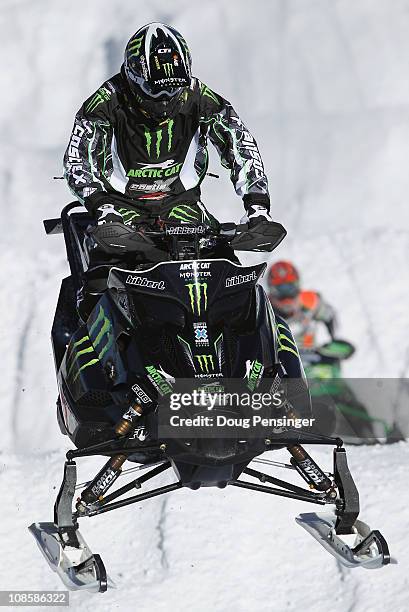 Tucker Hibbert of Pelican Rapids, Minnesots practices for the Snowmobile SnoCross during Winter X Games 15 at Buttermilk Mountain on January 29, 2011...