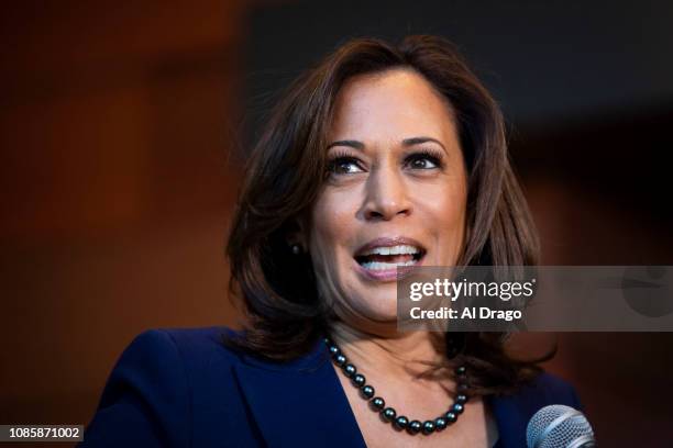 Sen. Kamala Harris speaks to reporters after announcing her candidacy for President of the United States, at Howard University, her alma mater, on...