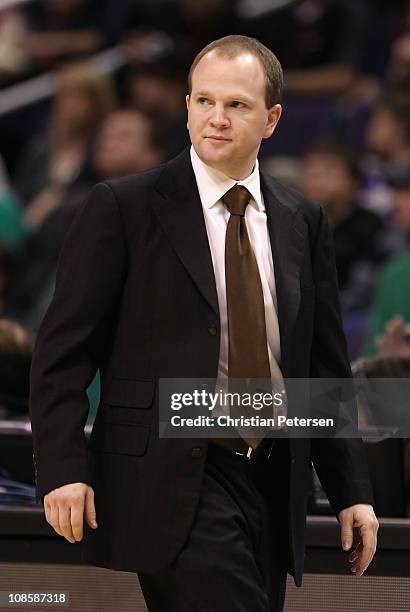 Assistant coach Lawrence Frank of the Boston Celtics coaches after Doc Rivers , was ejected from the NBA game against the Phoenix Suns at US Airways...