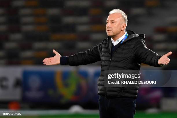 United Arab Emirates' coach Alberto Zaccheroni reacts during the 2019 AFC Asian Cup Round of 16 football match between UAE and Kyrgyzstan at the...