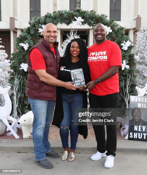 Van Brown, Compton Mayor Aja Brown and Marcellus Wiley attend Mayor Aja Brown's 6th Annual Compton Toy Giveaway at Compton Courthouse on December 22,...