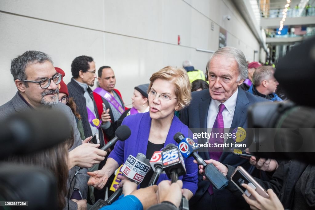 Sen. Elizabeth Warren And Rep. Ayanna Pressley Rally For Airport Workers