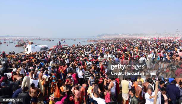 Devotees seen on the occasion of Paush Purnima during the Kumbh Mela at Sangam on January 21, 2019 in Prayagraj, India. Braving intense chill, more...