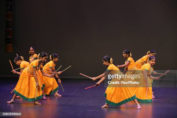 Tamil dancers perform a traditional dance during a cultural program celebrating the Thai Pongal Festival in Markham, Ontario, Canada, on January 13,...