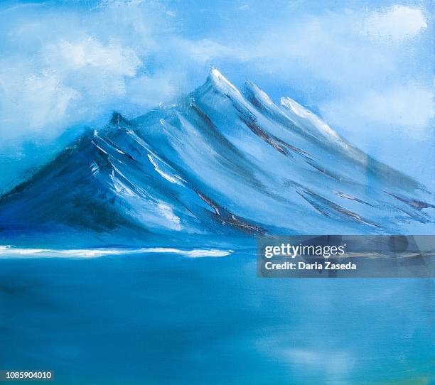 blue mountains near the lake landscape contemporary art painting - mountain oil painting stock illustrations