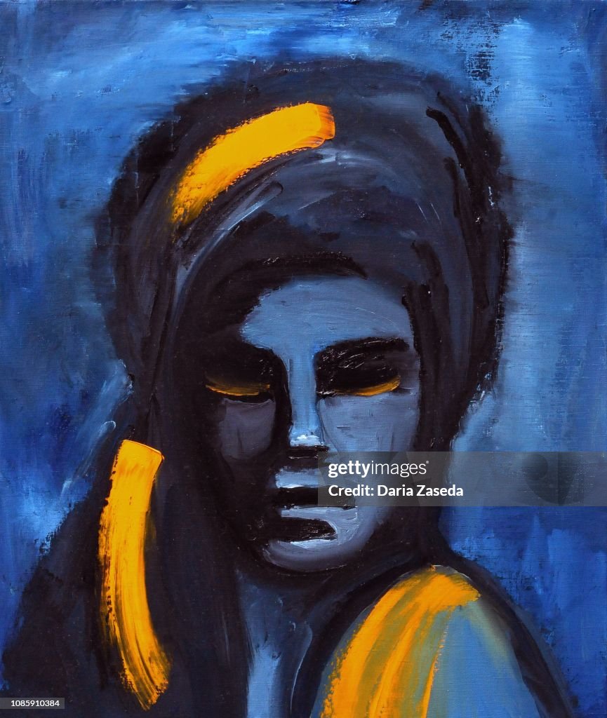 Abstract Woman with Yellow Ribbon in the Hair Contemporary Art Painting
