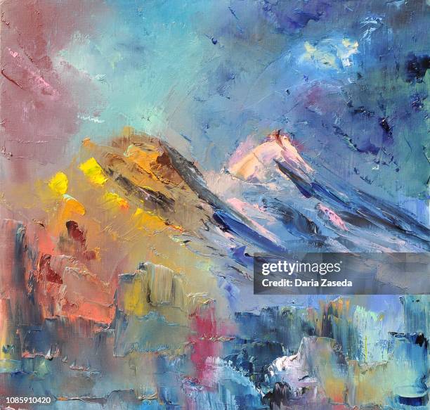 abstract colorful landscape with mountains contemporary art painting - mountain oil painting stock illustrations