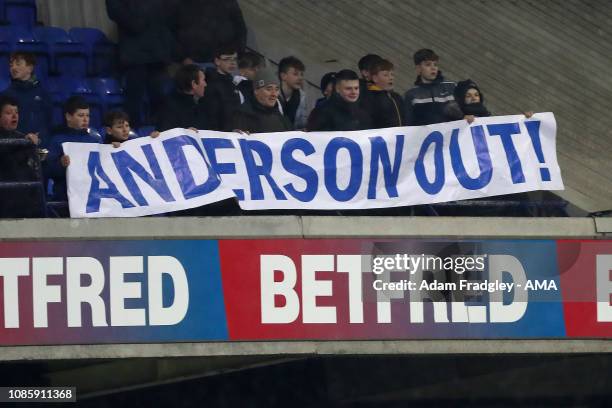 Bolton Wanderers fans protest with a banner reading Anderson Out in protest against Bolton Wanderers chairman Ken Anderson during the Sky Bet...